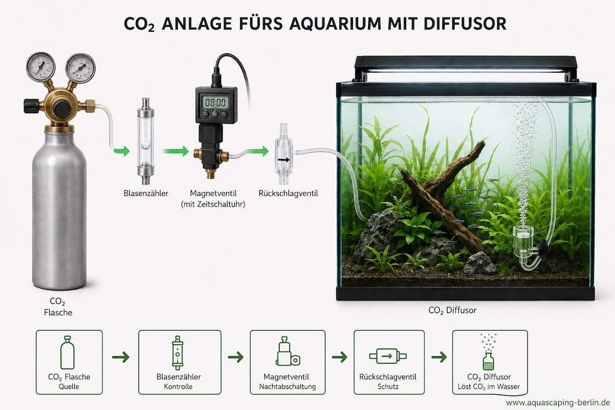 CO2-Anlage Aquarium Aufbau – Druckgasflasche, Druckregler, Schlauch und Diffuser