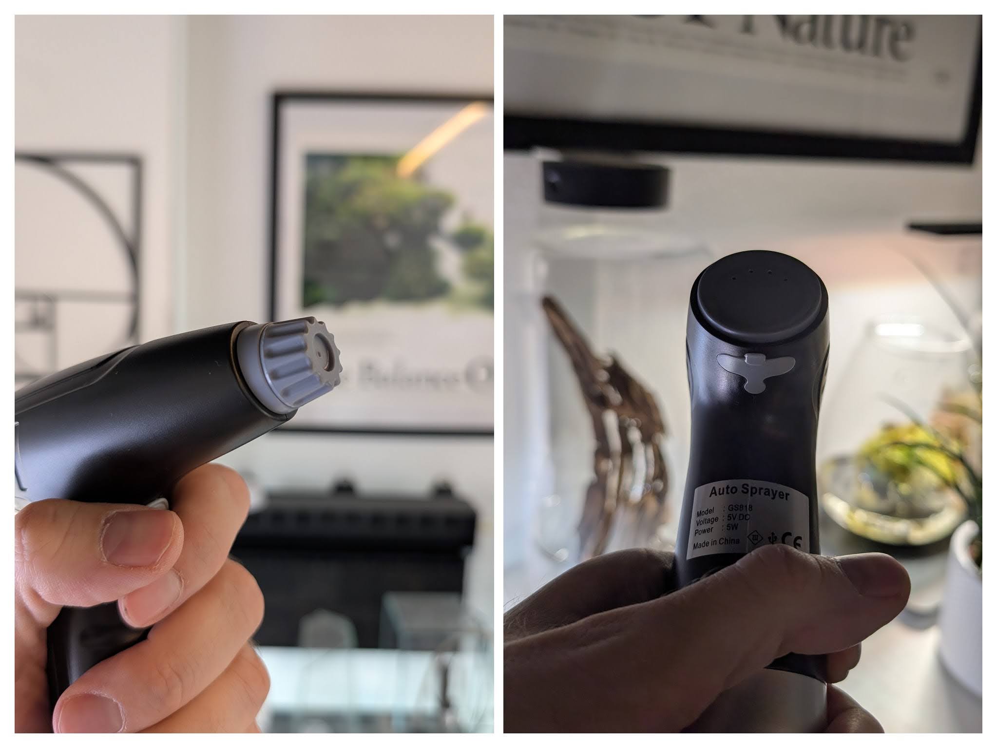 HpLive Sprühflasche Detailansicht – USB-C Ladeanschluss links, einstellbarer Sprühkopf rechts