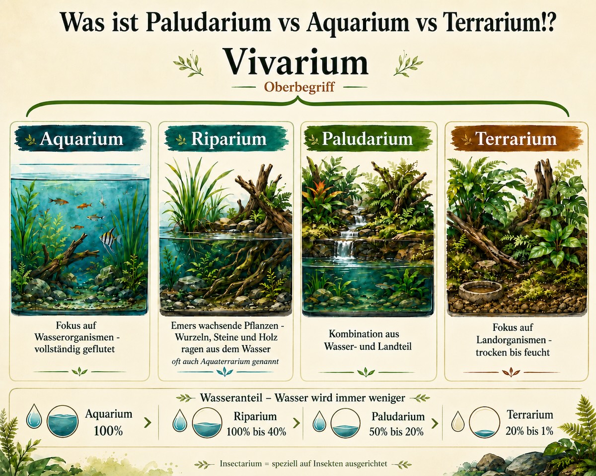 Vivarium Oberbegriff – Aquarium, Riparium, Paludarium und Terrarium erklärt im Vergleich mit Wasseranteilen